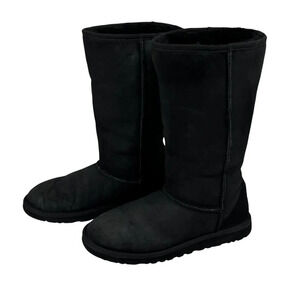 Ugg Womens 6 Black Genuine Leather & Sheepskin Tall Winter Boots Snow Sports Fun